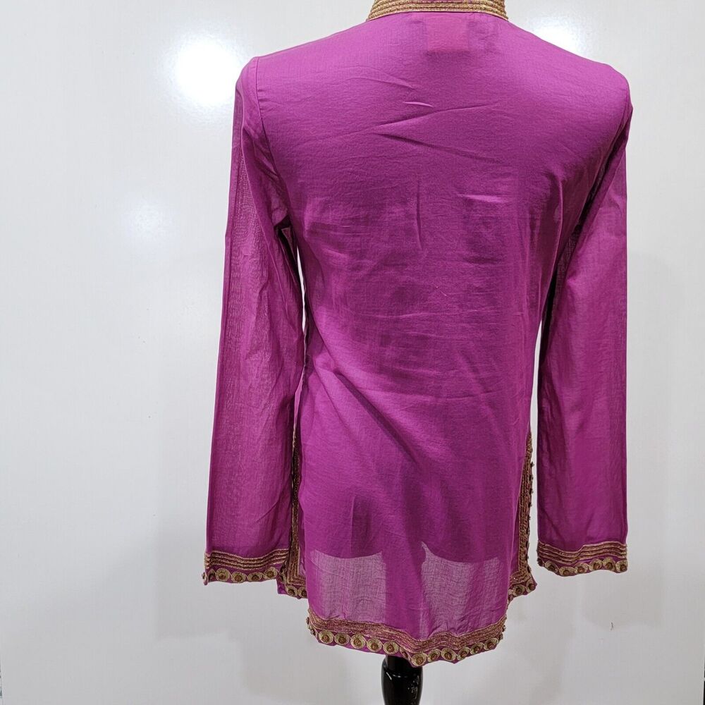 Tory Burch Magenta Sheer Gold Embroidered Beaded Button Trim Tunic Small Artsy - Picture 2 of 12